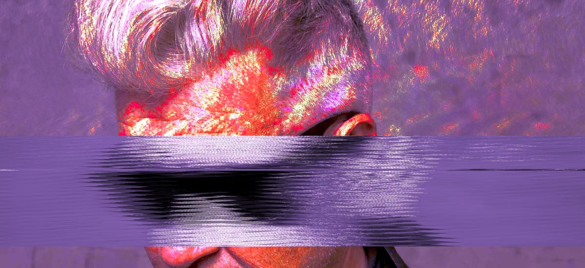 David Lynch, wearing sunglasses, obscured/distorted with blurs, purple hued